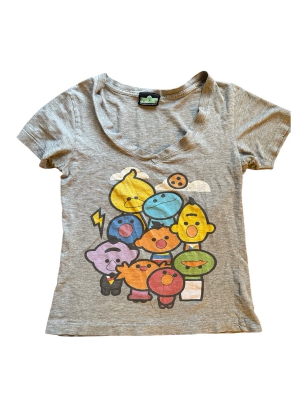 Y2K Sesame Street Graphic Tee Grey V Neck Baby Tee Cartoon Retro Nostalgic 2010